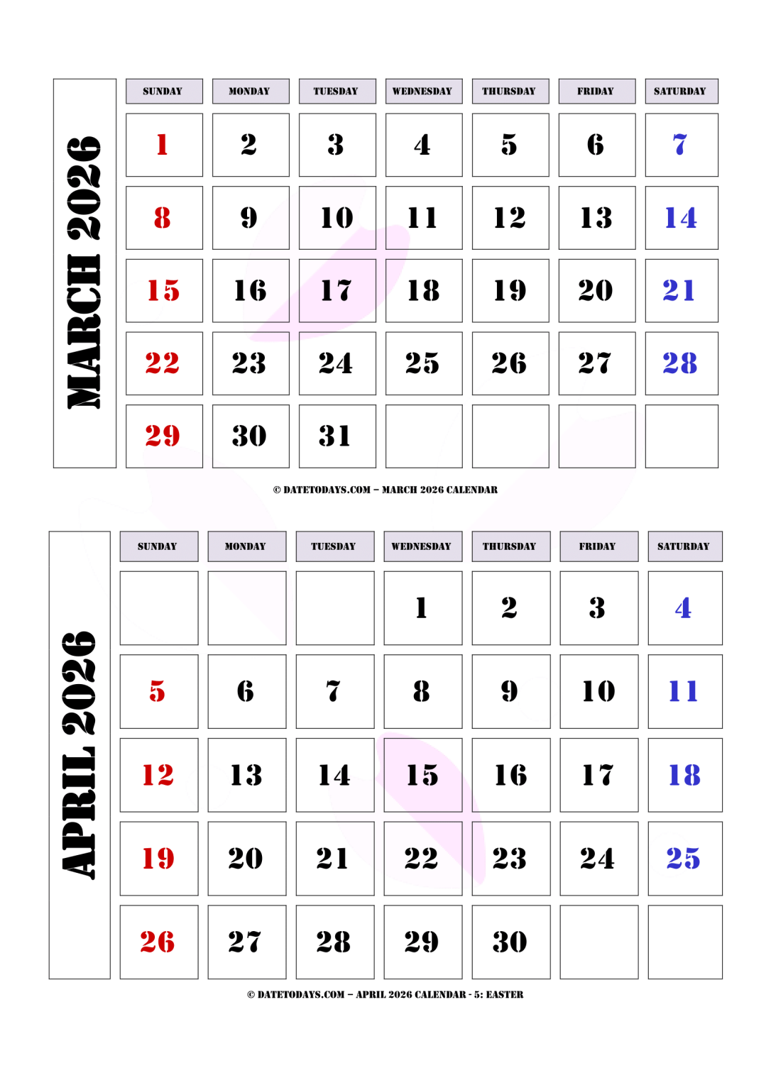 March April 2026 Calendar Printable PDF 2 Month Calendar