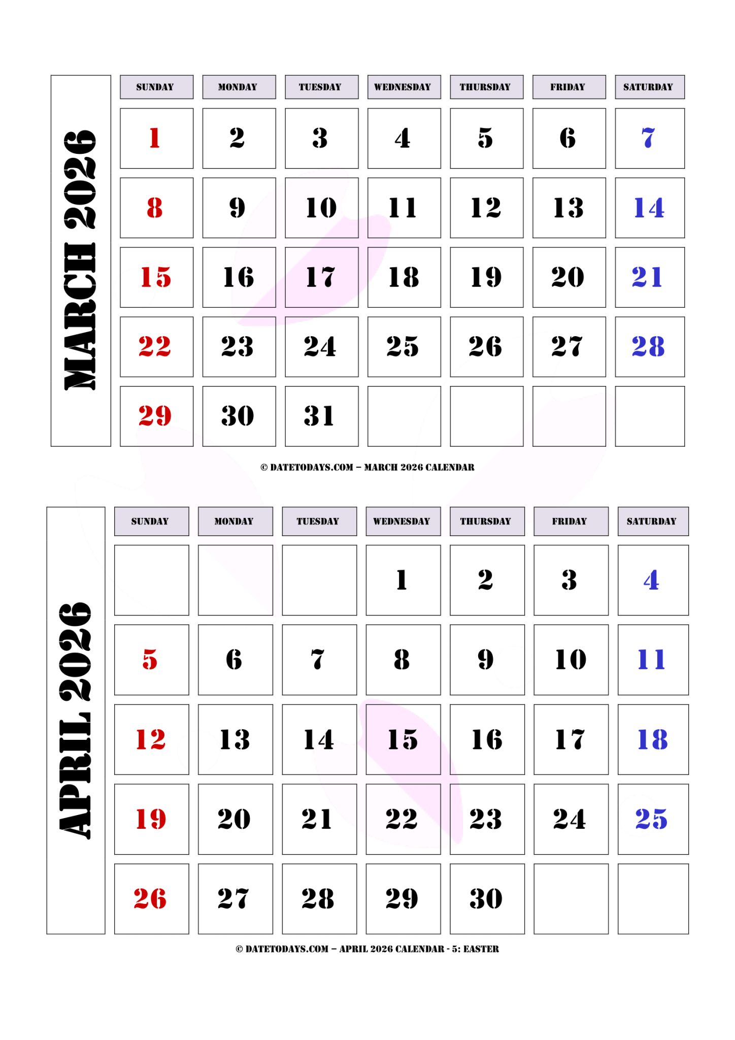 March April 2026 Calendar Printable PDF 2 Month Calendar