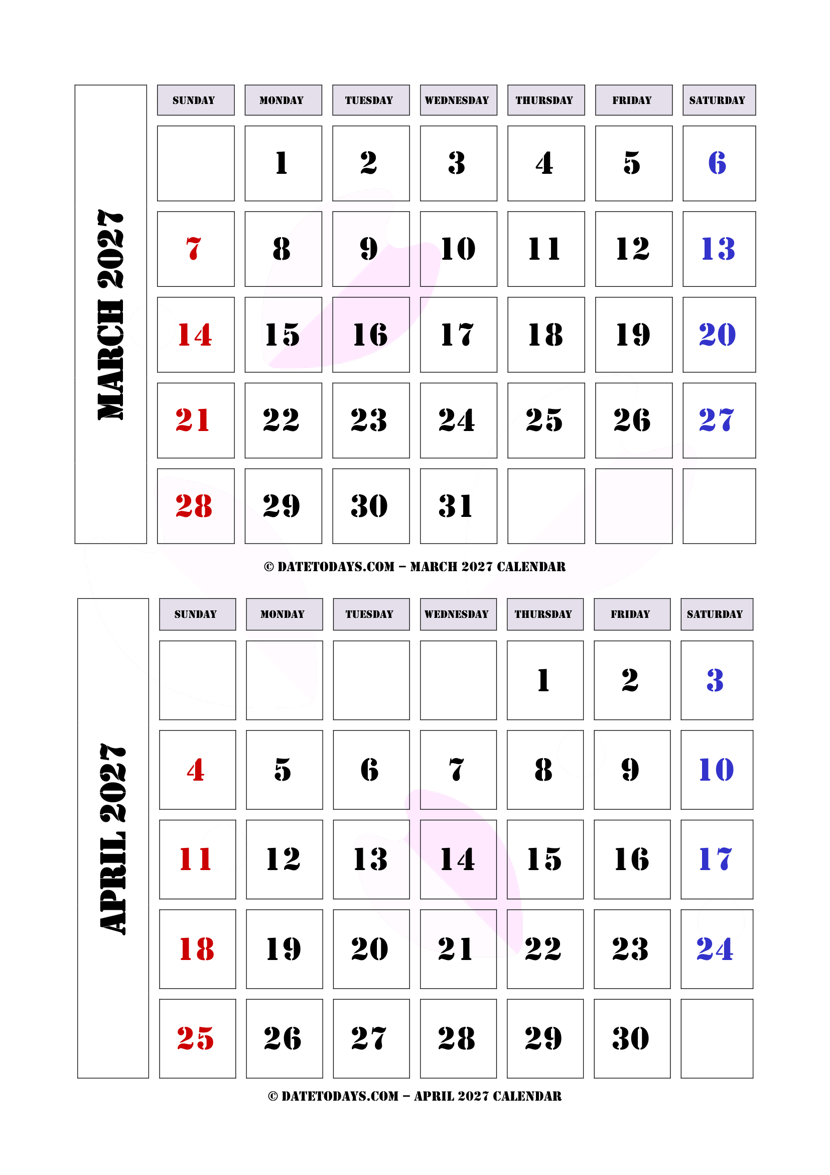 Printable March April 2027 Calendar