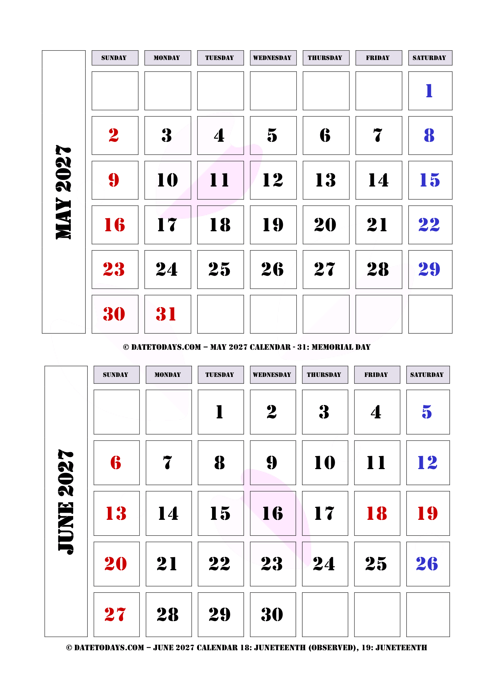 Printable May June 2027 Calendar