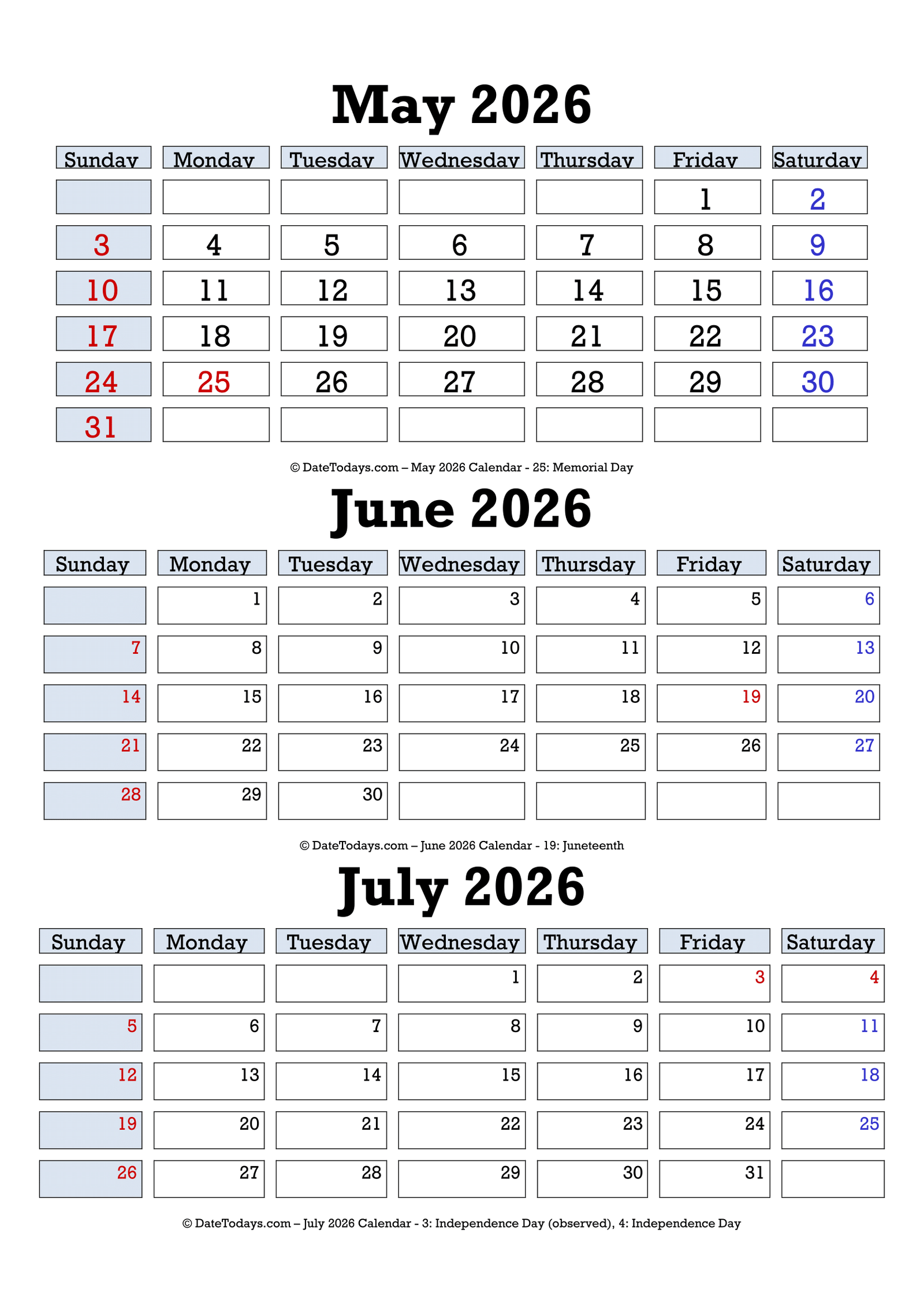 Printable May June July 2026 Calendar