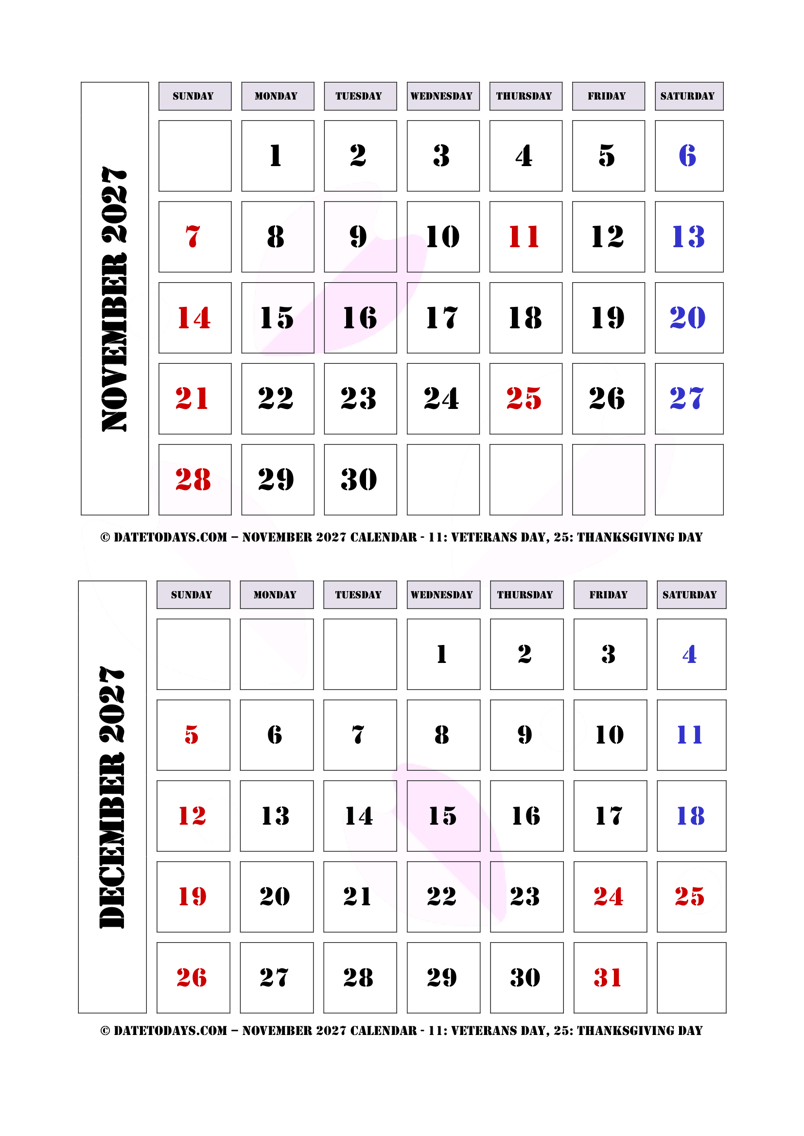 Printable November December 2027 Calendar