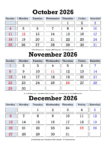 Printable October November December 2026 Calendar