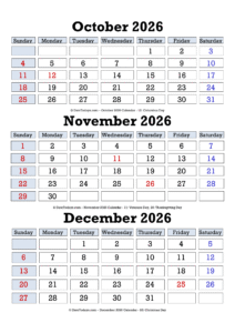 October November December 2026 Calendar - Date Today's