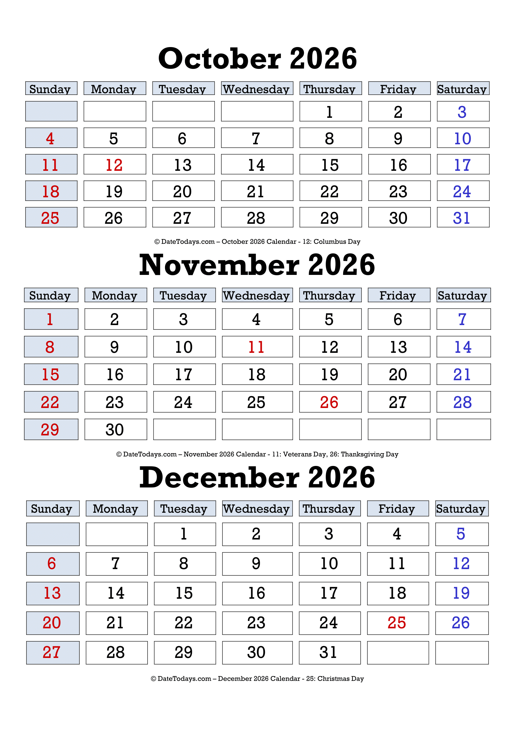 Printable October November December 2026 Calendar