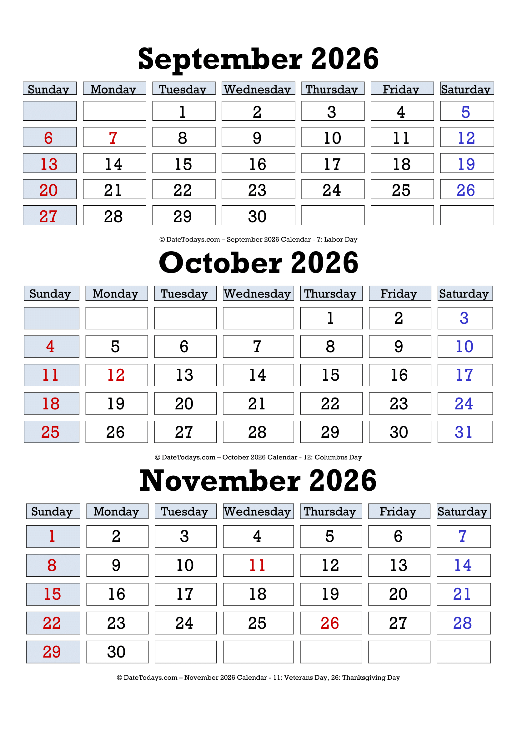 Printable September October November 2026 Calendar