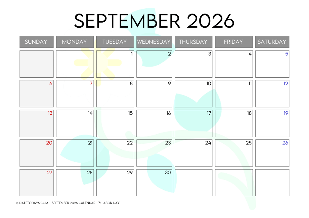 September 2026 Calendar Printable PDF With Holidays September 2026 Calendar Printable PDF With Holidays