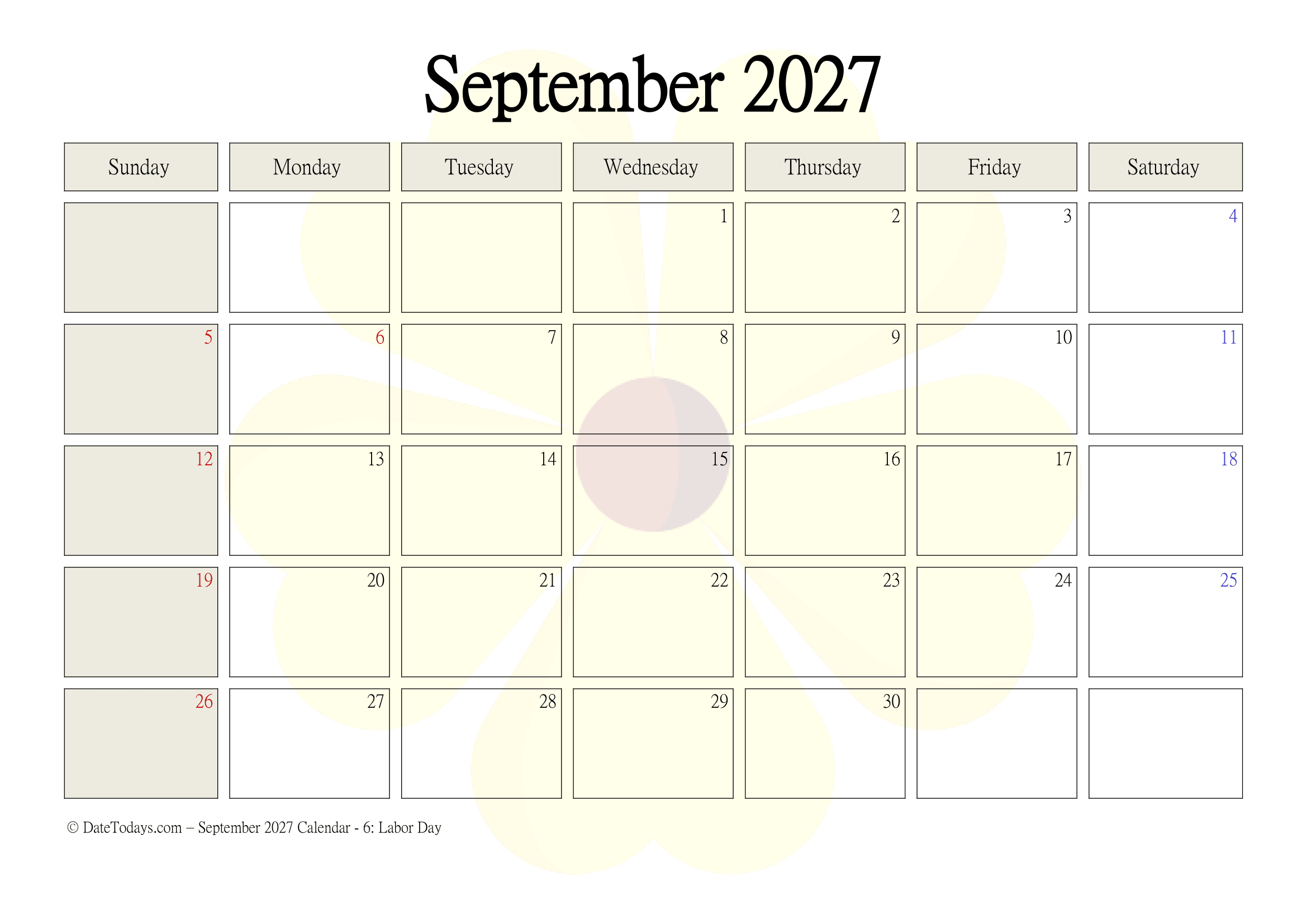 Printable September 2027 Calendar with Holidays