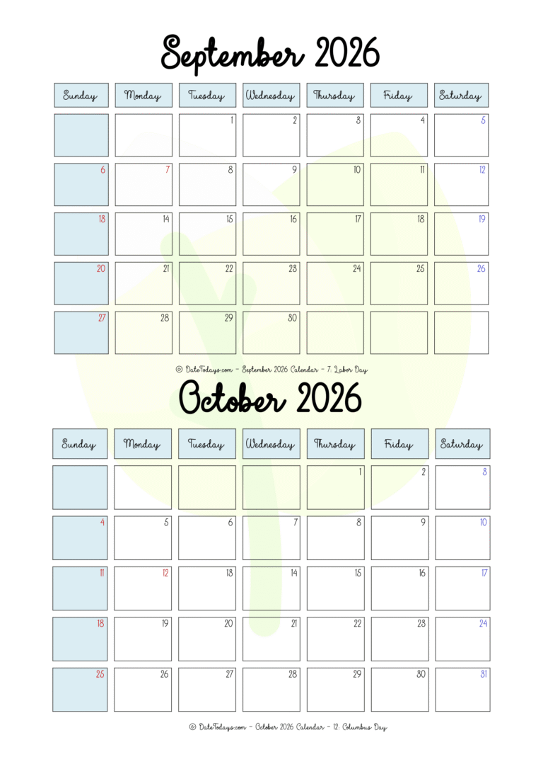 September October 2026 Calendar - 2 Month on a Page