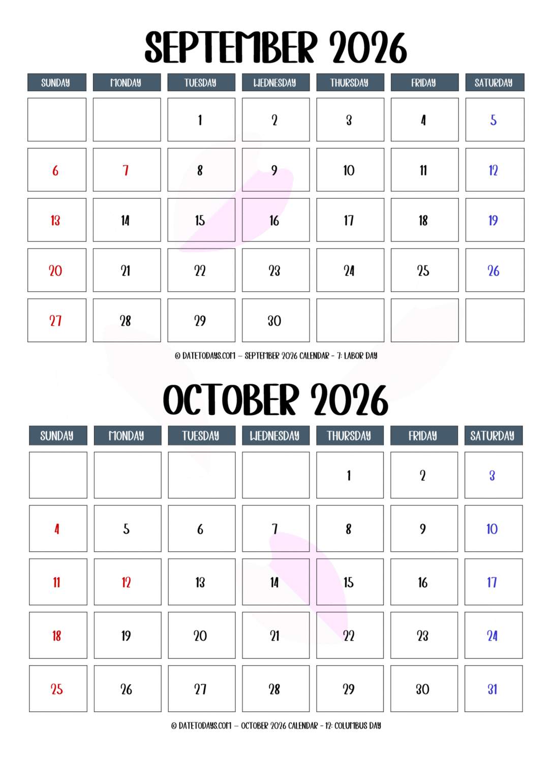 September October 2026 Calendar 2 Month on a Page — free download