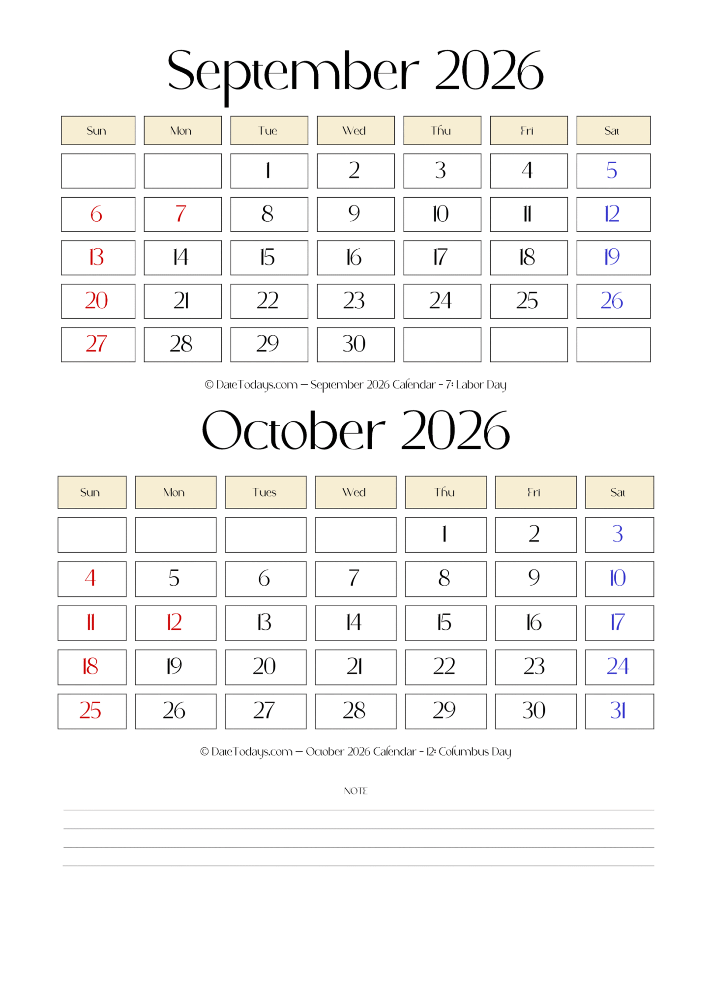 August September 2026 Calendar 2 Month Calendar