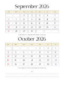 September October 2026 Calendar - 2 Month on a Page