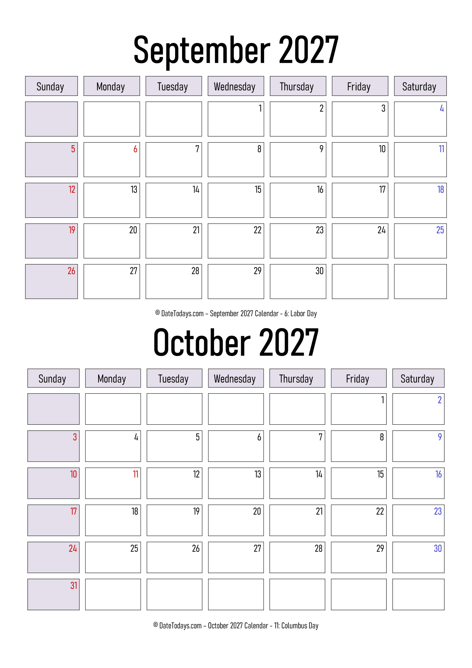 September October 2027 Calendar Print