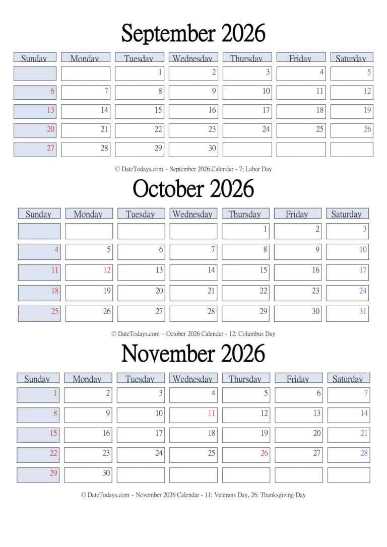 September October November 2026 Calendar Printable