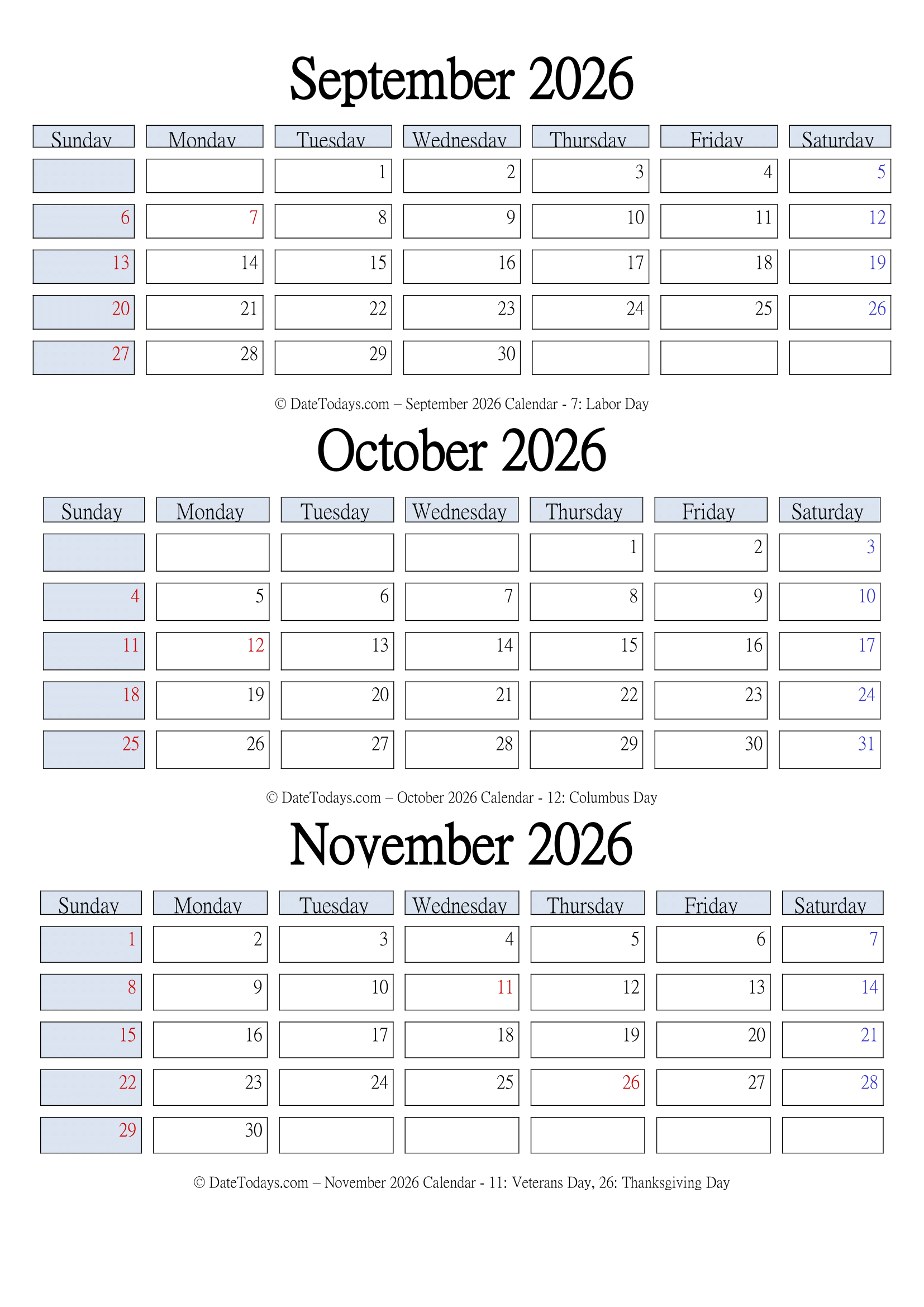 September October November 2026 Calendar Free
