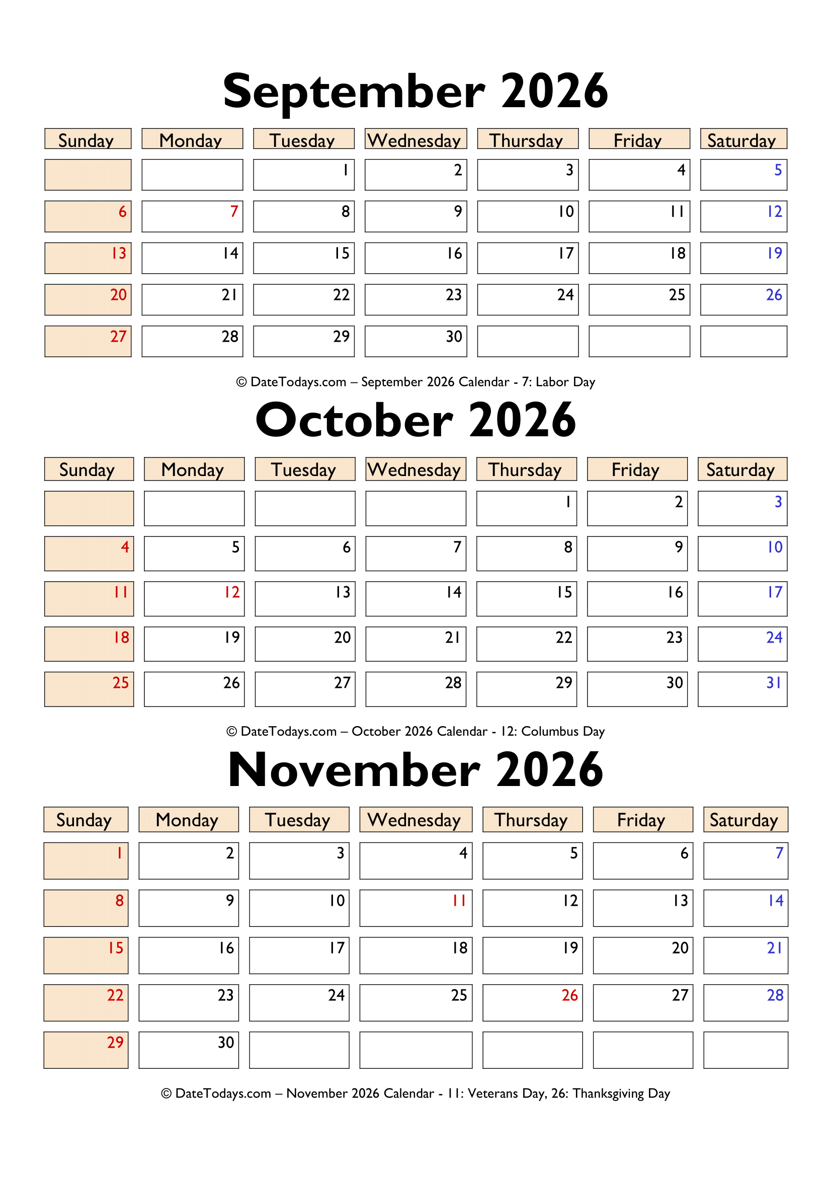 September October November 2026 Calendar PDF