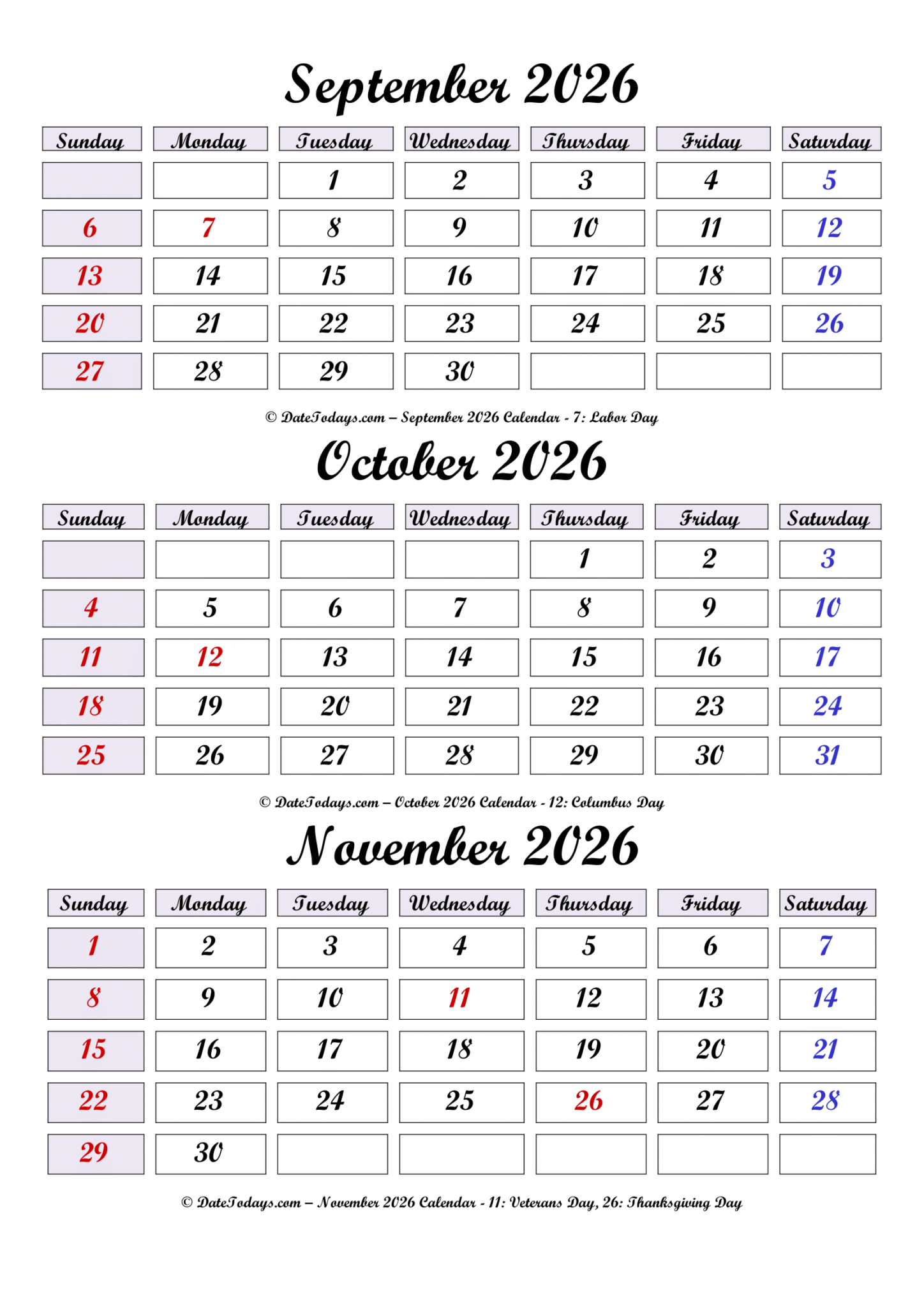September October November 2026 Calendar Printable