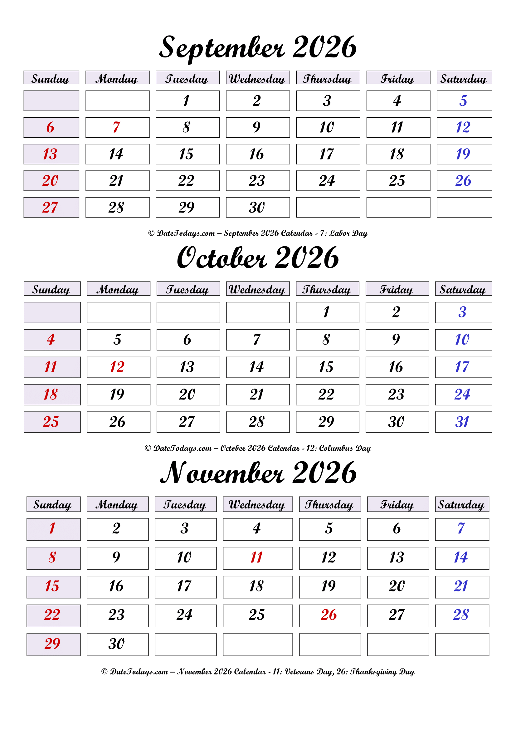 September October November 2026 Calendar Printable