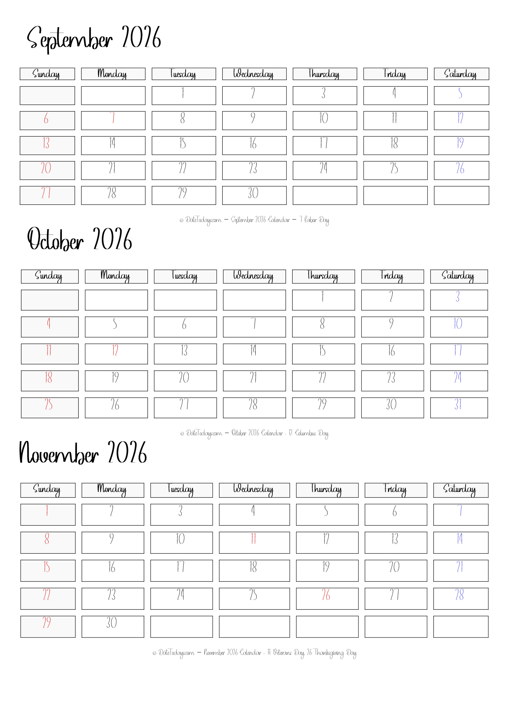 September October November 2026 Calendar Printable