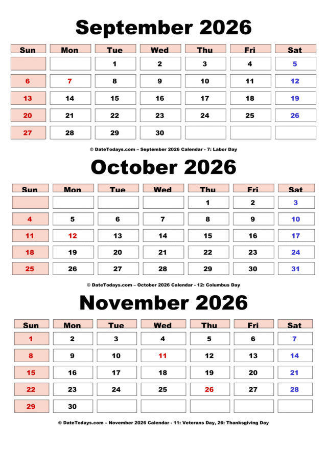 September October November 2026 Calendar Printable