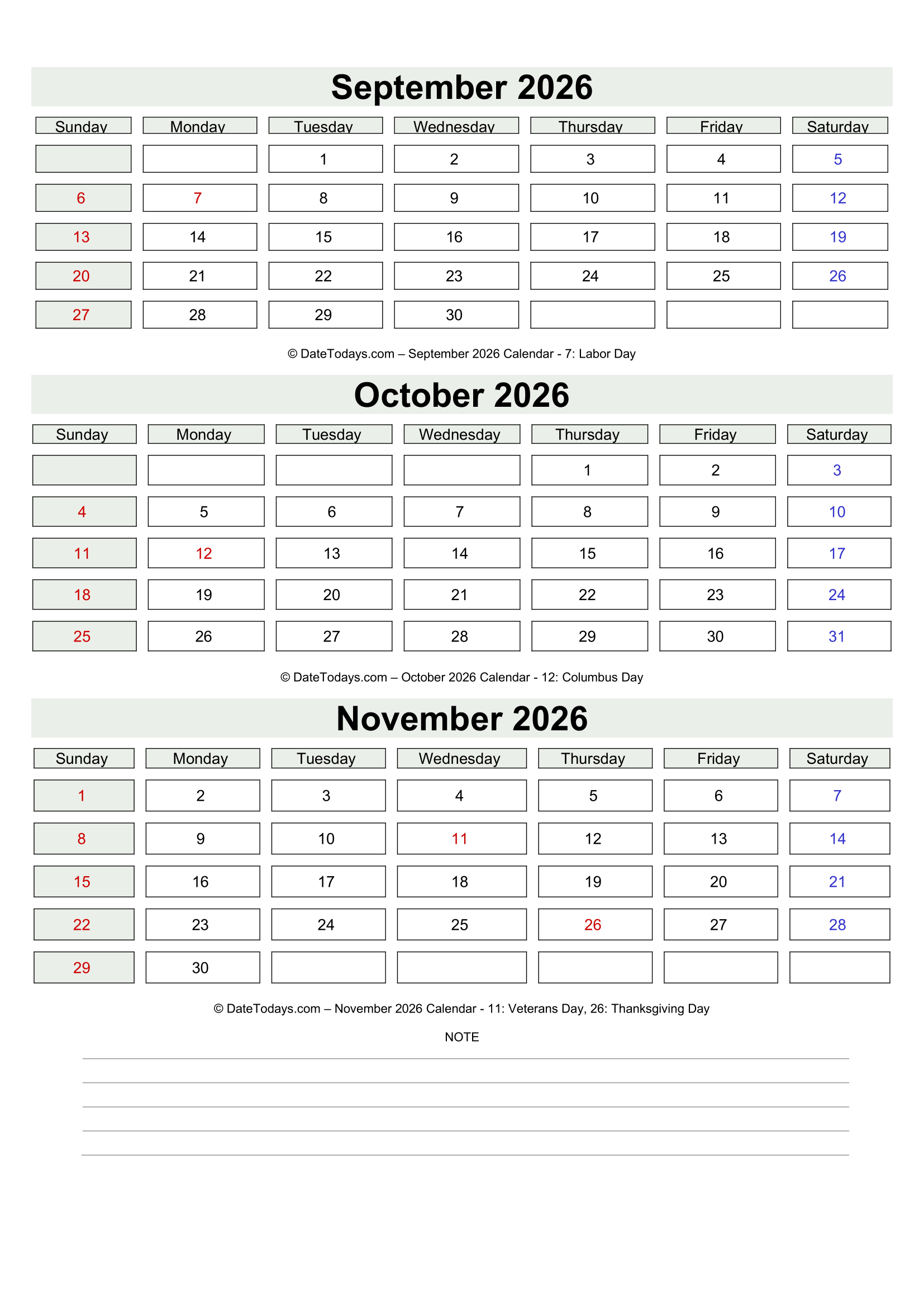 September October November 2026 Calendar with Notes