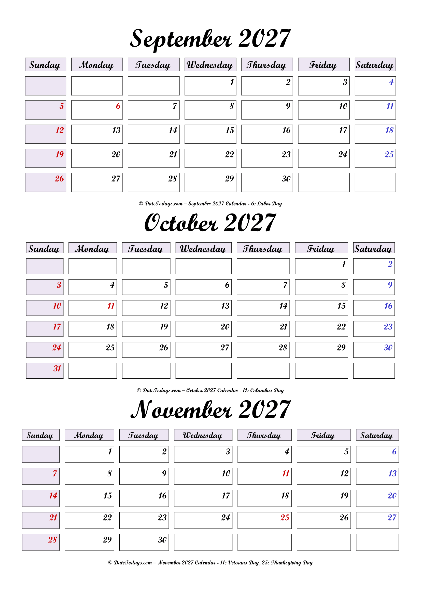 September to November 2027 Calendar