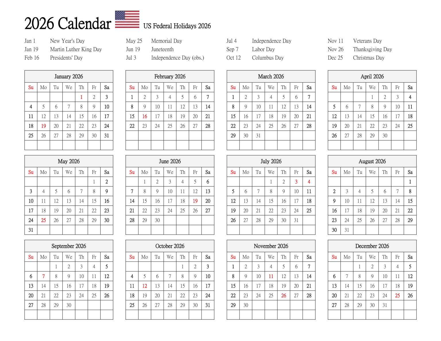 2026 CALENDAR PRINTABLE WITH HOLIDAYS PDF visual data 5