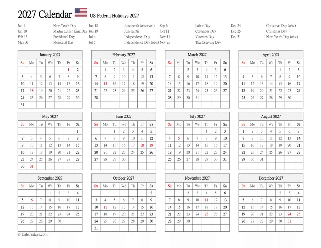 Printable 2027 Calendar with Holidays